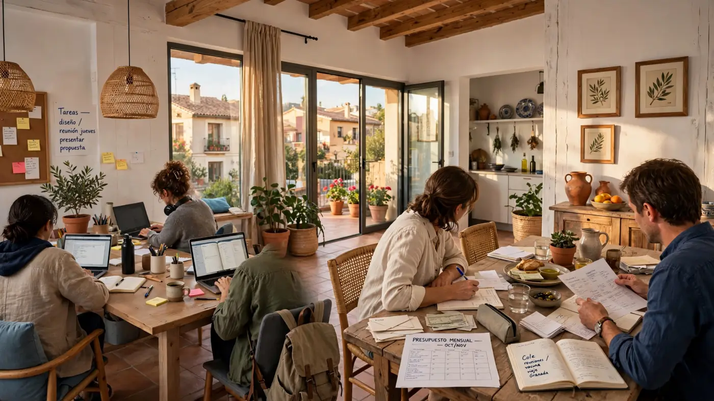 Espacio de coworking en España con personas estudiando en portátiles