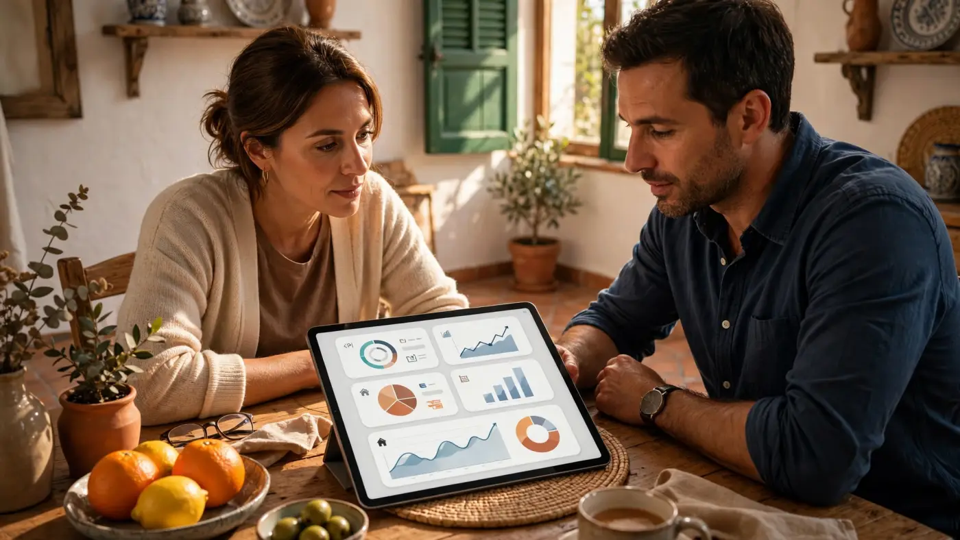 Panel financiero interactivo en una tableta con gráficos abstractos