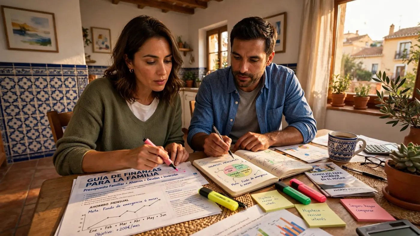 Materiales educativos sobre una mesa: guías de finanzas, cuaderno con diagramas y subrayadores